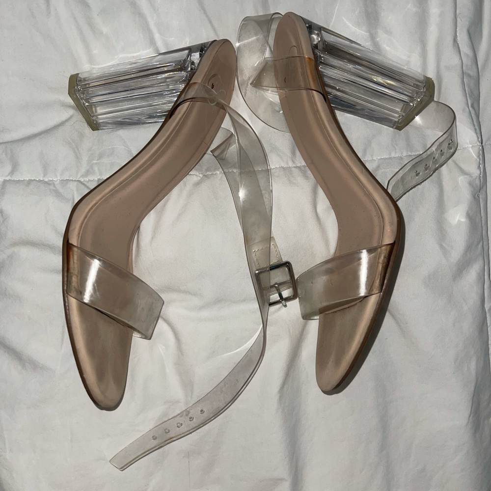 Clear chunky strappy heels